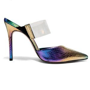 Schutz Sionne High Heel Clear Transparent Iridescent in Rainbow Light Mules